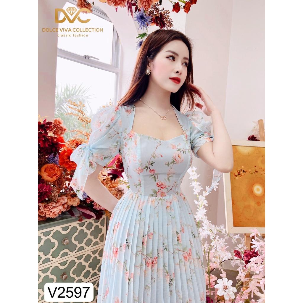 VÁY HOA XANH TAY BUỘC NƠ V2597 Đẹp Shop DVC