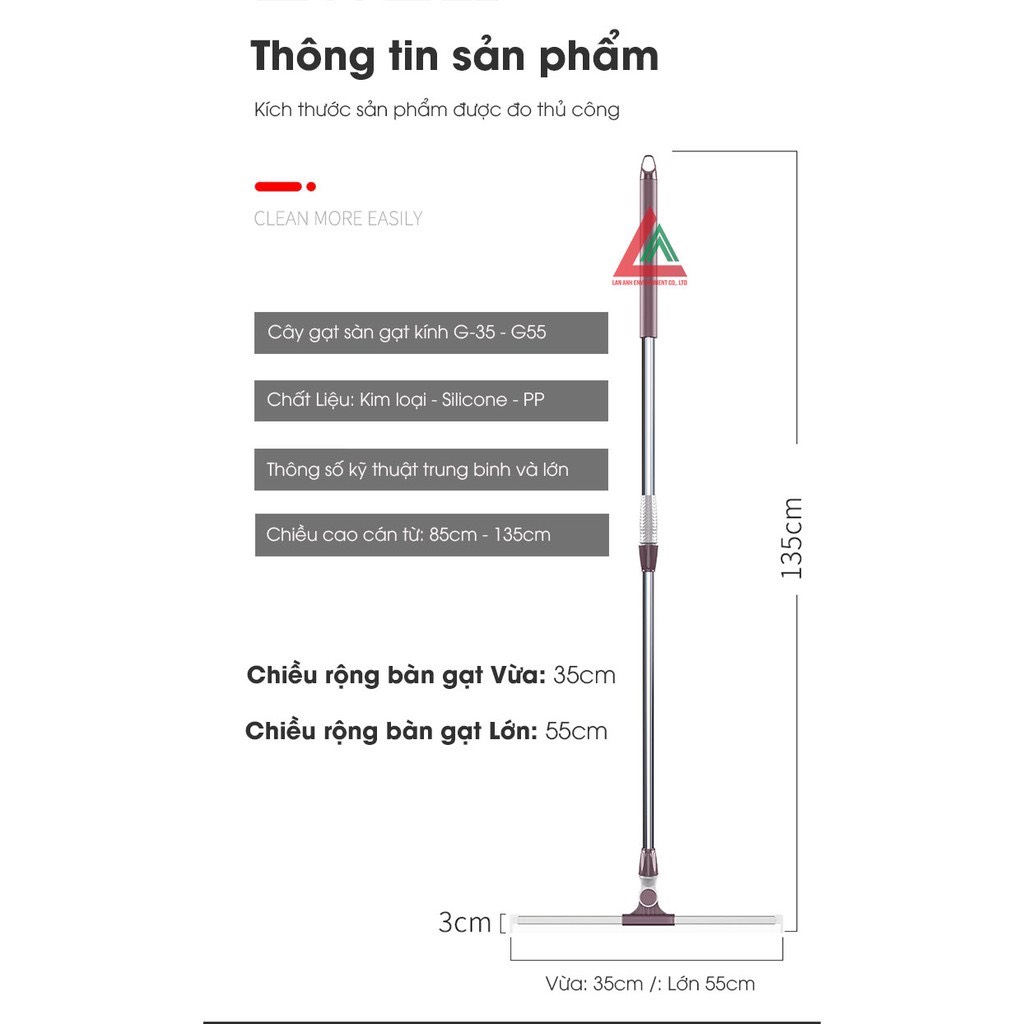 Cây gạt nước sàn nhà Kitimop-G35 chổi quét nhà lưỡi silicon mềm dẻo, cán thép chống gỉ tăng giảm chiều dài từ 85-135cm