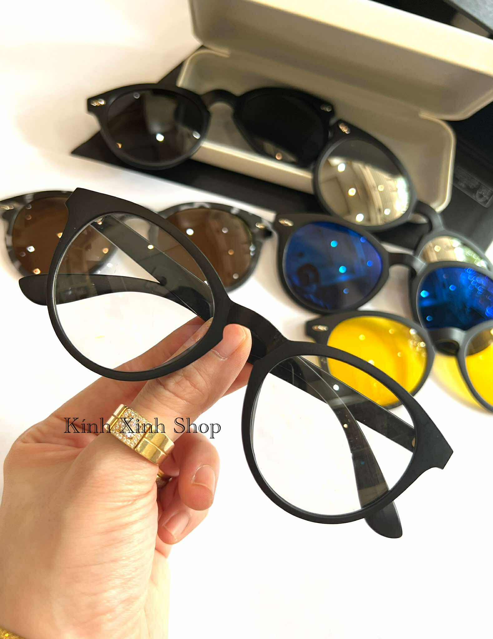 Kính Cận Râm Nhiều Tròng 6in1 Đa Năng Dáng Mắt Tròn Gọng Nhựa Màu Đen Thiết Kế Đơn Giản Cho Nam Nữ