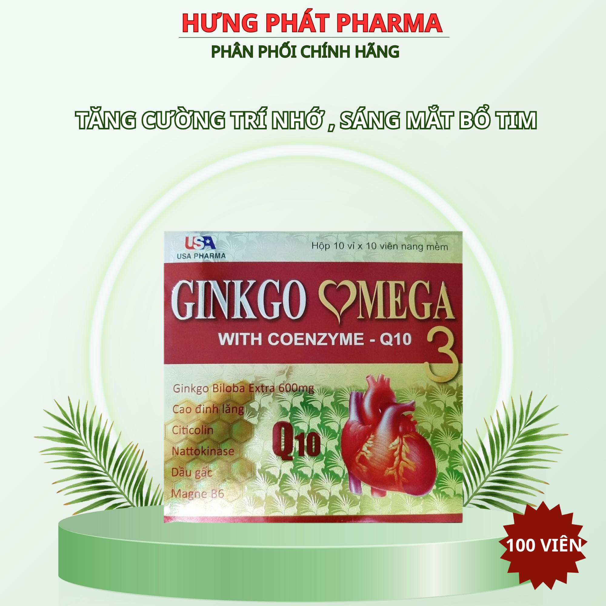 Hoạt huyết dưỡng não Ginkgo Omega tăng cường trí nhớ , sáng mắt bổ tim , lưu thông máu não hộp 100 viên