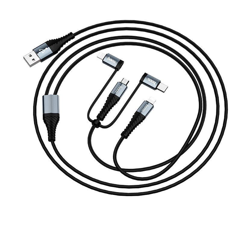 Cáp sạc đa năng 4 in 1 (Lightning + Micro USB + Type C) Hoco sạc được cùng lúc nhiều thiết bị, dây cáp bọc dù, chống đứt, chống rối, chống gãy gập dành cho điện IOS và Android dài 100cm, X38 - Hàng chính hãng