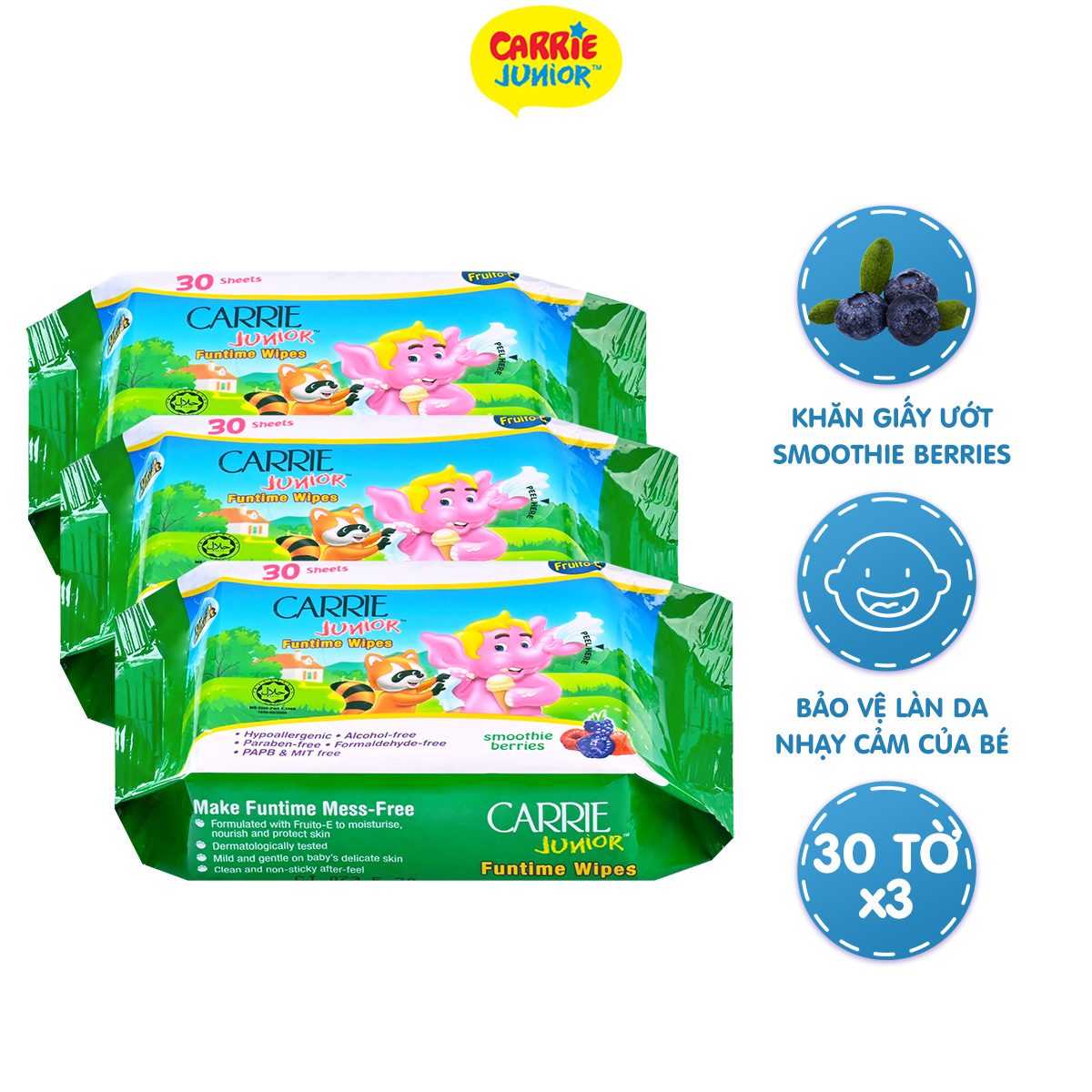 Combo 3 Gói Khăn Giấy Ướt Carrie Junior Funtime Smoothie Berries 30 tờ/ gói