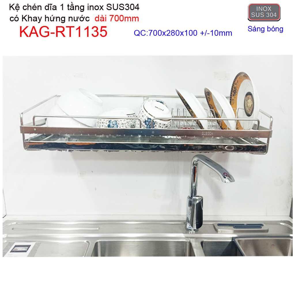 Kệ đựng chén bát 70cm inox 304, kệ úp chén dĩa 1 tầng có khay hứng nước inox KAG-RT1135