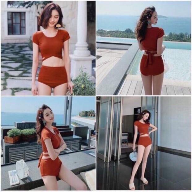 freeship Bikini, bộ bơi áo tay lửng nơ ngực, phong cách Hàn Quốc - EVA shop