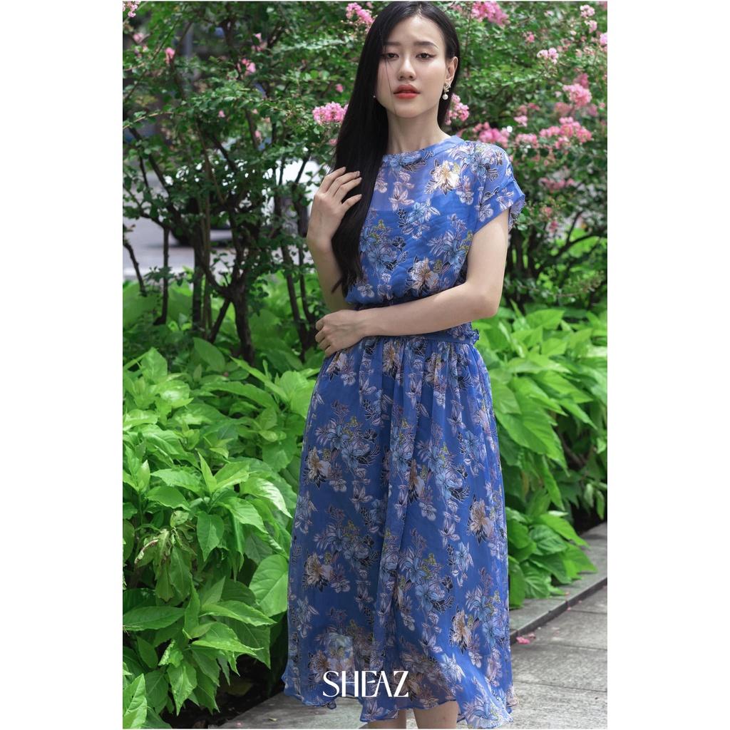 SHEAZ Set đầm dài cạp chun, tơ xanh hoa nhí, phong cách Hàn Quốc