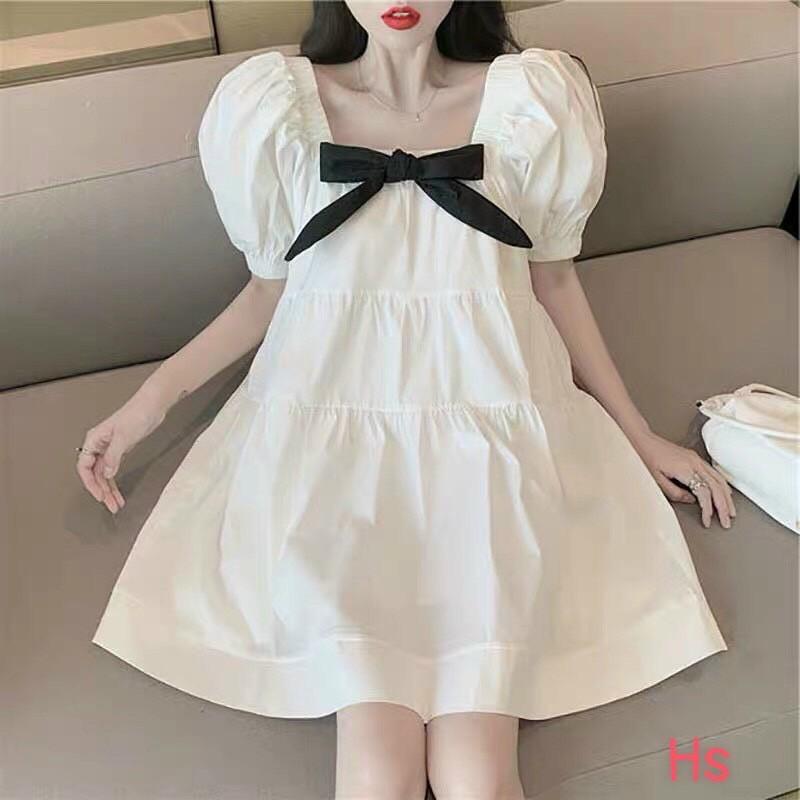 Đầm Babydoll Trắng Cổ Vuông Nơ Cài , Váy Nữ Cộc Tay Nơ Đen Dáng Xòe 2 kiểu mắc
