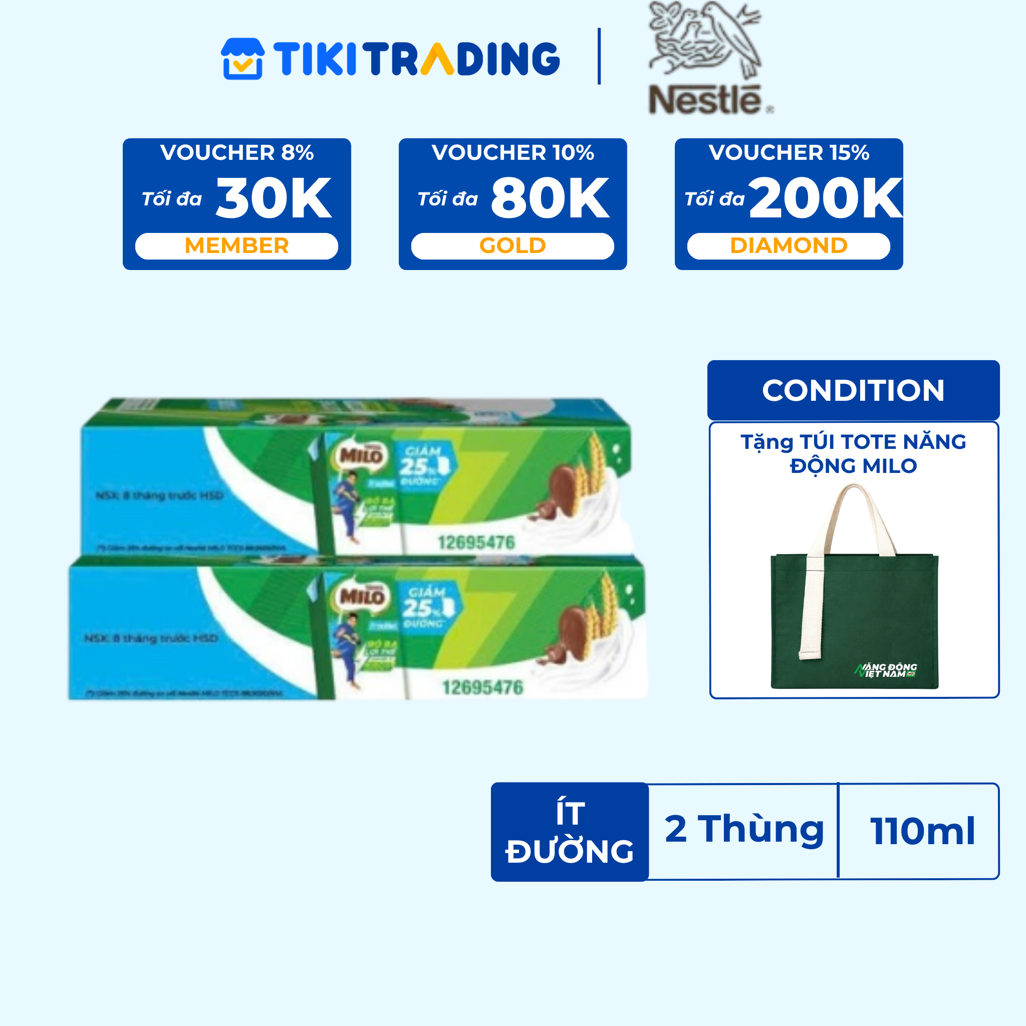 COMBO 2 Thùng 48 hộp sữa lúa mạch MILO ít đường 110ml (48x110ml)