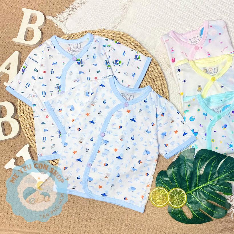 (J10TN) Áo Cài Xéo Họa Tiết Ngắn Tay Chất Cotton Cho Bé Sơ Sinh 3-9kg - Hãng JOU - HỒNG ((HỌA TIẾT )