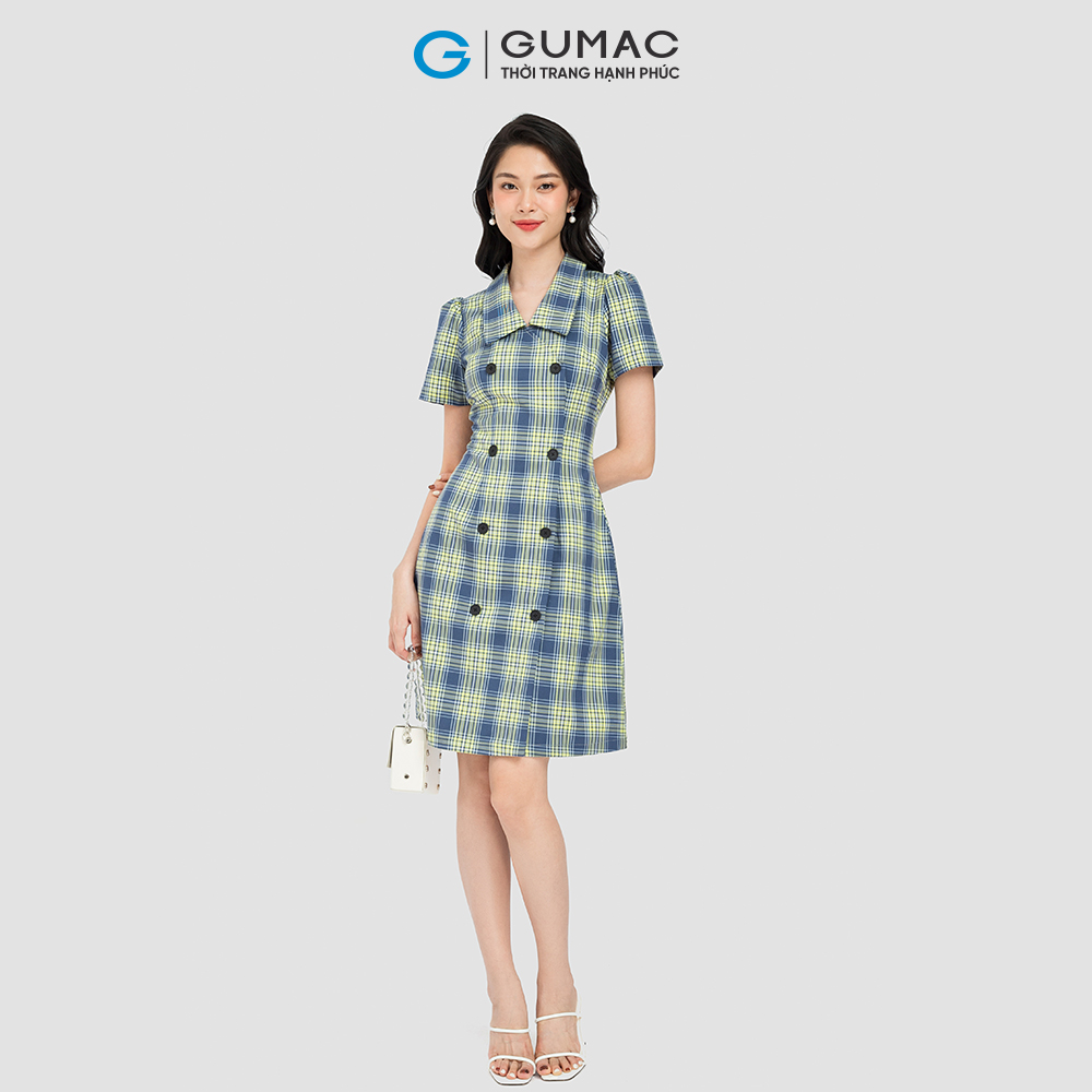 Đầm giả vest GUMAC DC08112 form A ôm nhẹ màu xanh