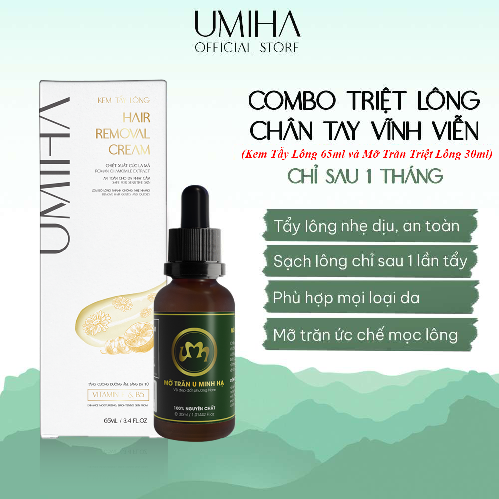 Combo tẩy triệt lông Chân Tay vĩnh viễn UMIHA tại nhà | Mỡ trăn triệt lông vĩnh viễn U Minh Hạ (30ml) & Kem tẩy lông UMIHA (65ml) an toàn cho da nhạy cảm