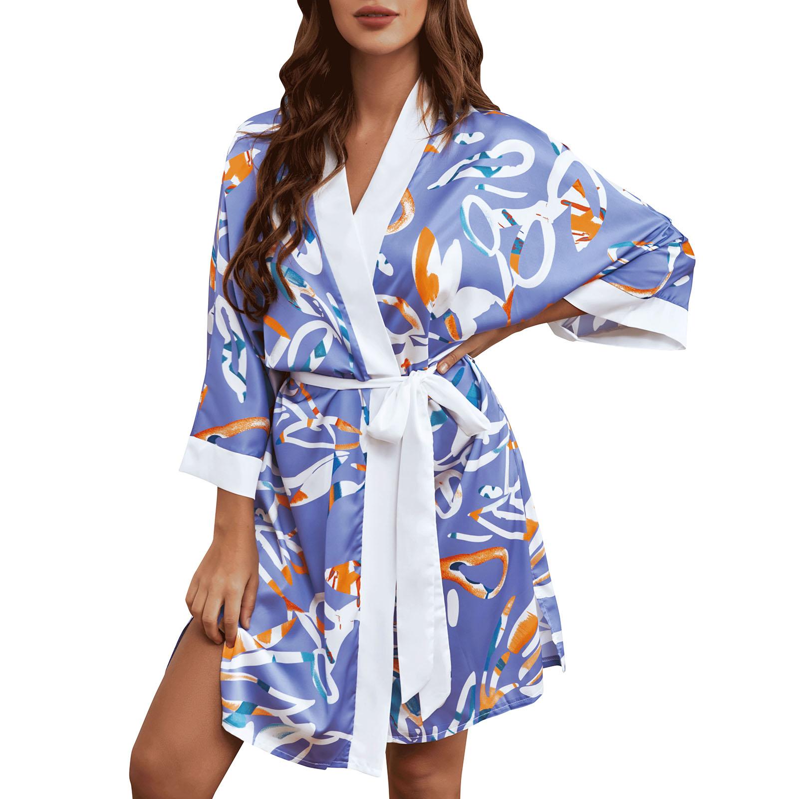 Women Night Robe Floral Satin Kimono V-neck Long Sleeve Short Pajamas Sleepwear Bathrobe