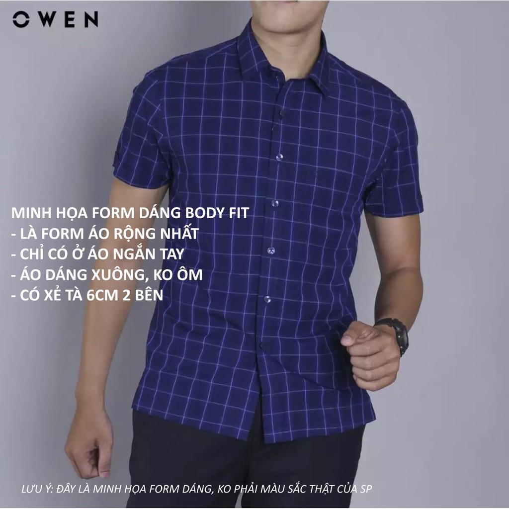 OWEN - Áo sơ mi ngắn tay Owen vạt ngang sợi Bạc hà kẻ ca rô xanh 220403