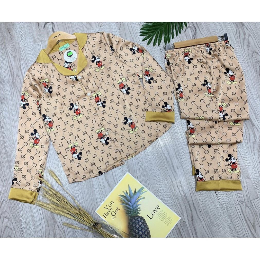 freeship Bộ đồ ngủ pijama dài tay lụa cao cấp Satin họa tiết mickey nâu siêu đẹp ( Hàng loại đẹp)