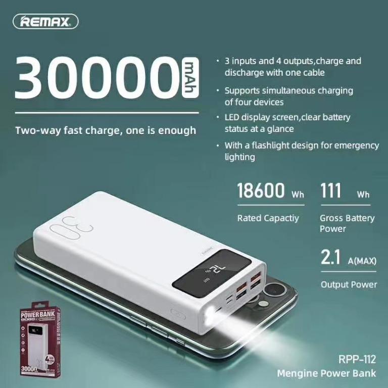 Pin sạc dự phòng Remax RPP-112 30000mAh, lõi Li-polymer, 3 cổng input, 4 cổng output (HÀNG CHÍNH HÃNG)