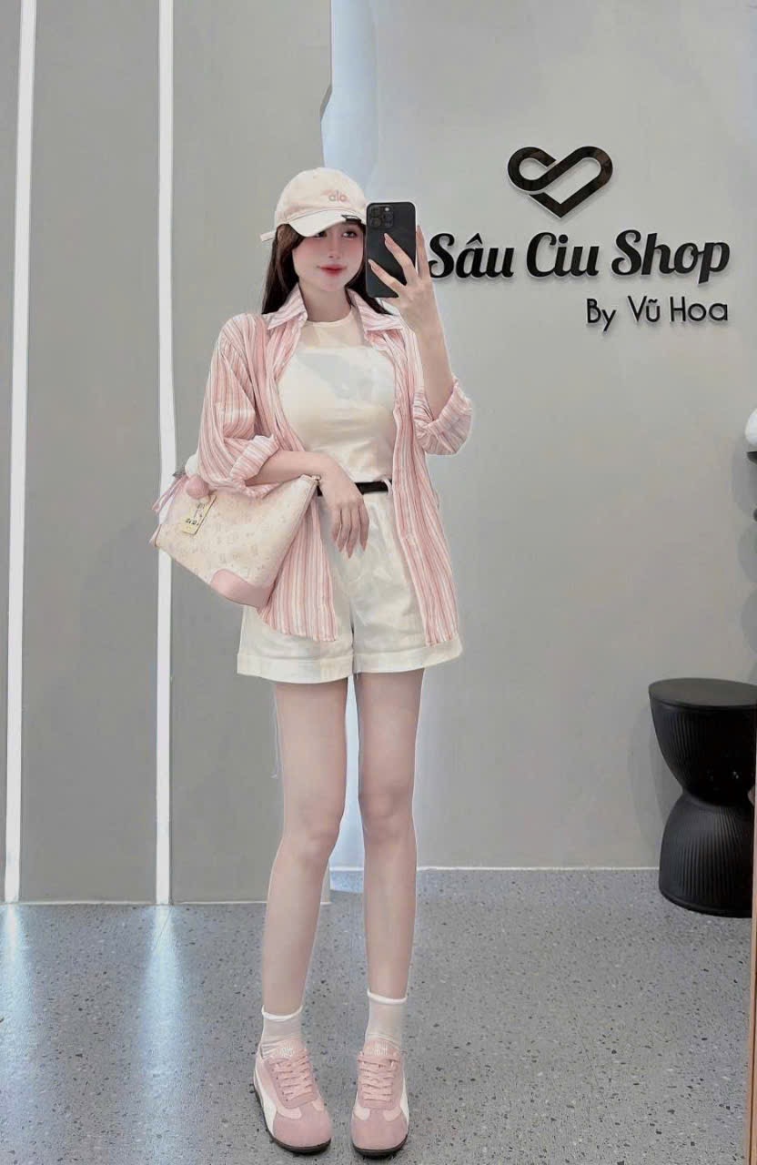 Set 3 Món Áo Ba Lỗ Mix Quần Short Trắng Mix Áo Sơ Mi Sọc Dáng Rộng Kèm Dây Lưng
