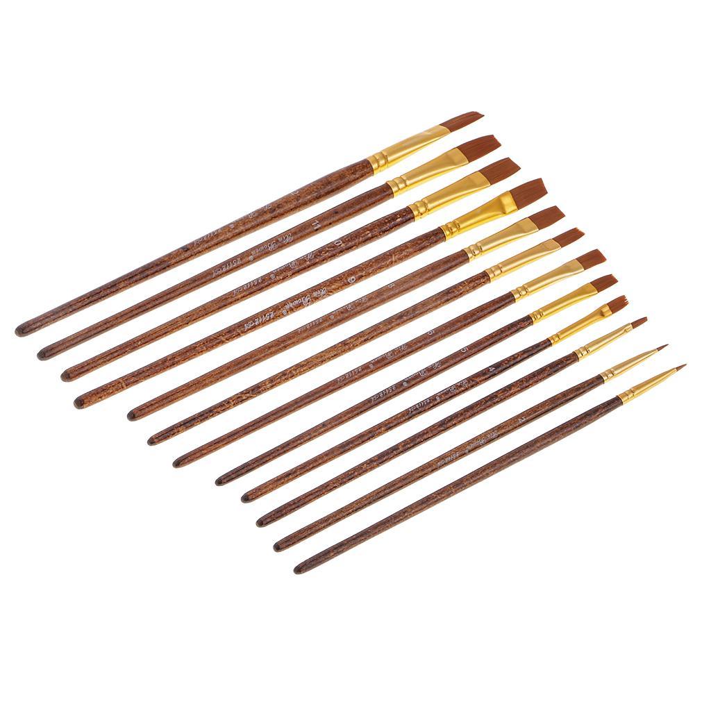 12 Nylon Hair Artist Paint Brush Acrylic Watercolor Flat Fine  Tip