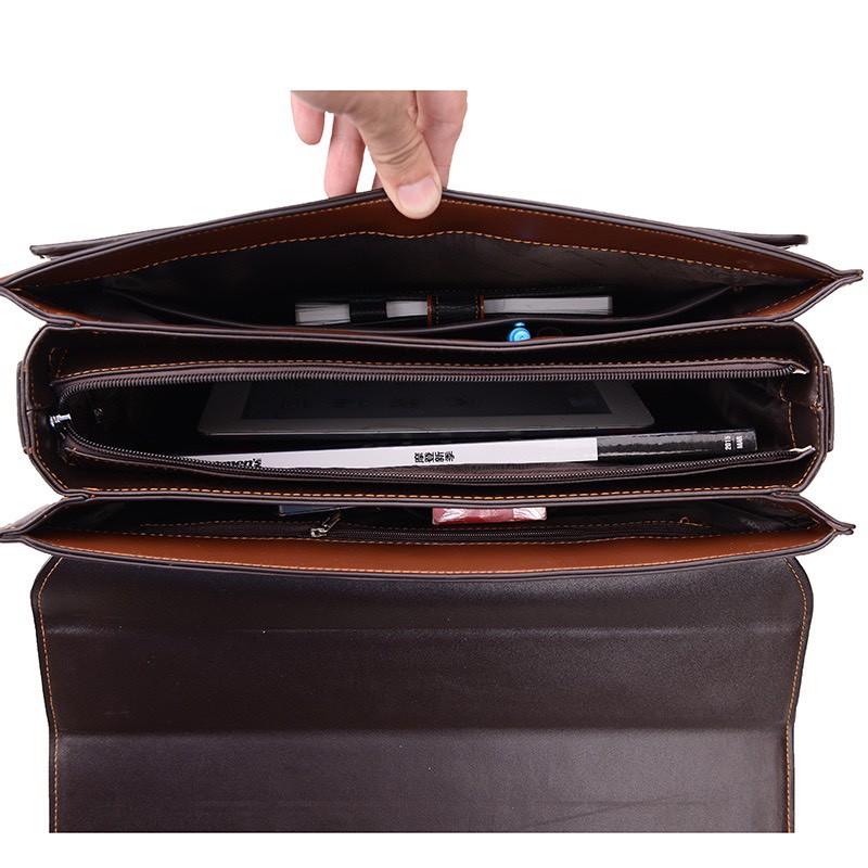 HOT DEAL - Túi xách cặp da giáo viên đựng laptop 14 inch da bò công sở T23 khóa số (Nâu-Đen) (KT 39x30x10cm.)