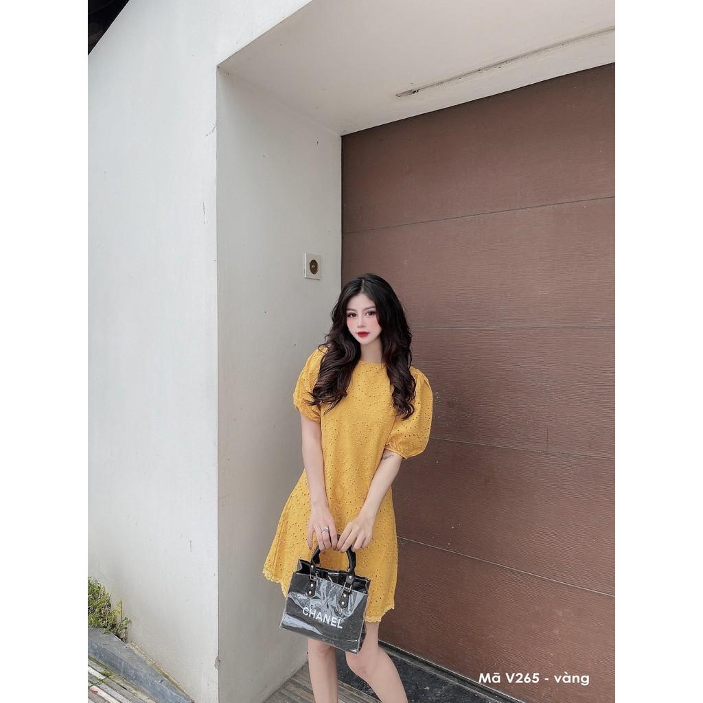 Váy suông phối ren, cổ tròn, tay phồng bo chun, đầm xuông freesize 3 màu vàng, trắng, be mã V265 - Michi's House