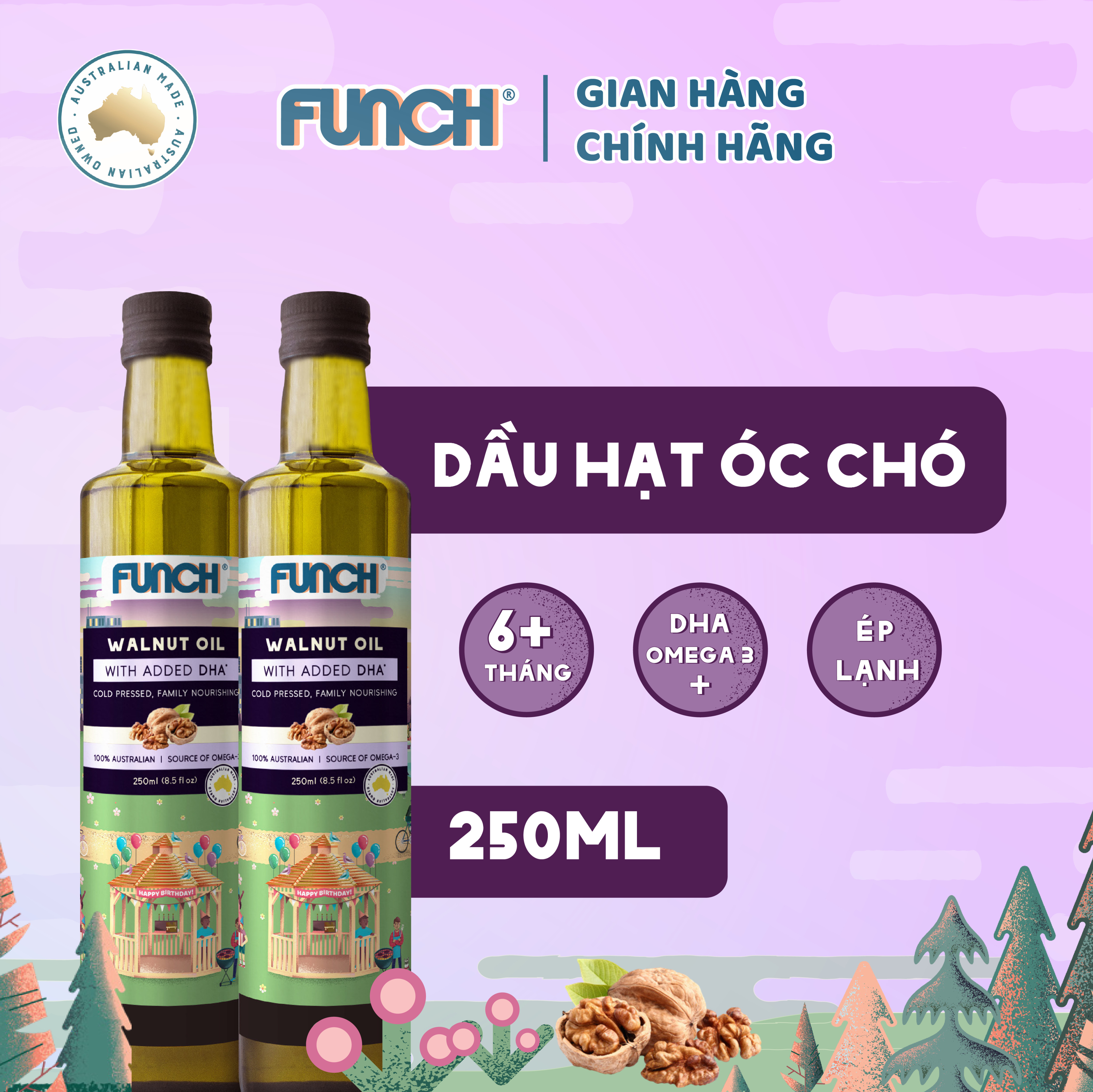 Dầu Hạt Óc Chó Ép Lạnh FUNCH Từ Úc Bổ Sung DHA Omega 3 Cho Bé Ăn Dặm 6 Tháng Tuổi Chai 250ml