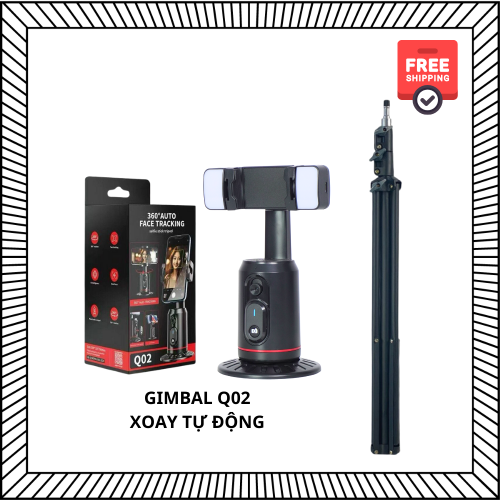 Gimbal xoay tự động Q02 kèm đèn và remote - Phụ kiện hỗ trợ quay vlog, video dễ dàng - Hàng chính hãng