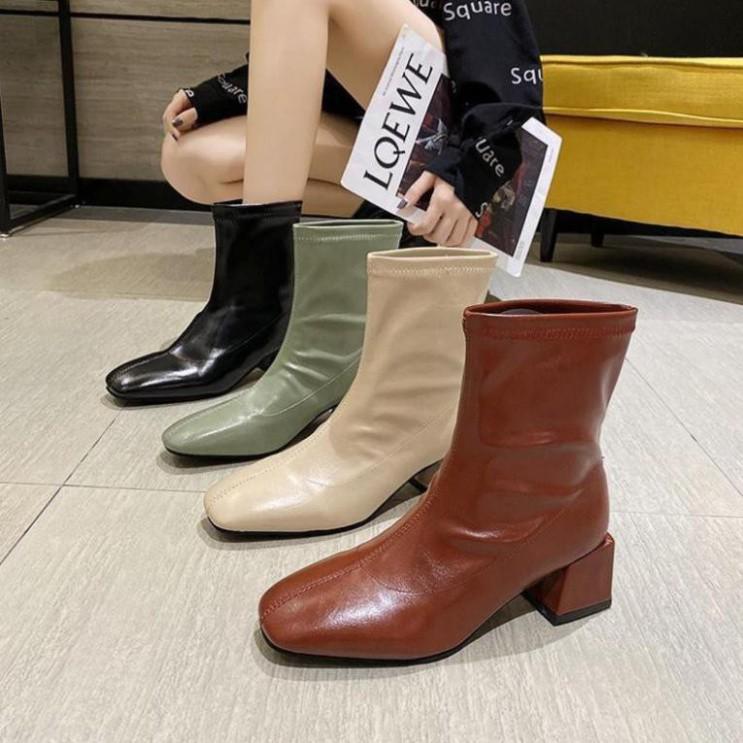 Giày Bốt Nữ Da Đế Cao - Boots Nữ Cao Gót 5p 5 Phân Màu Đen Kem Thời Trang Hàn Quốc Đi Làm Đi Học Quyến Rũ