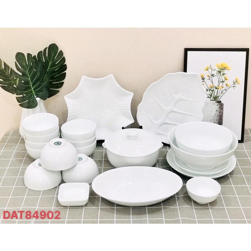 Bộ bát đĩa men trắng ngọc. Gốm sứ Bát Tràng.