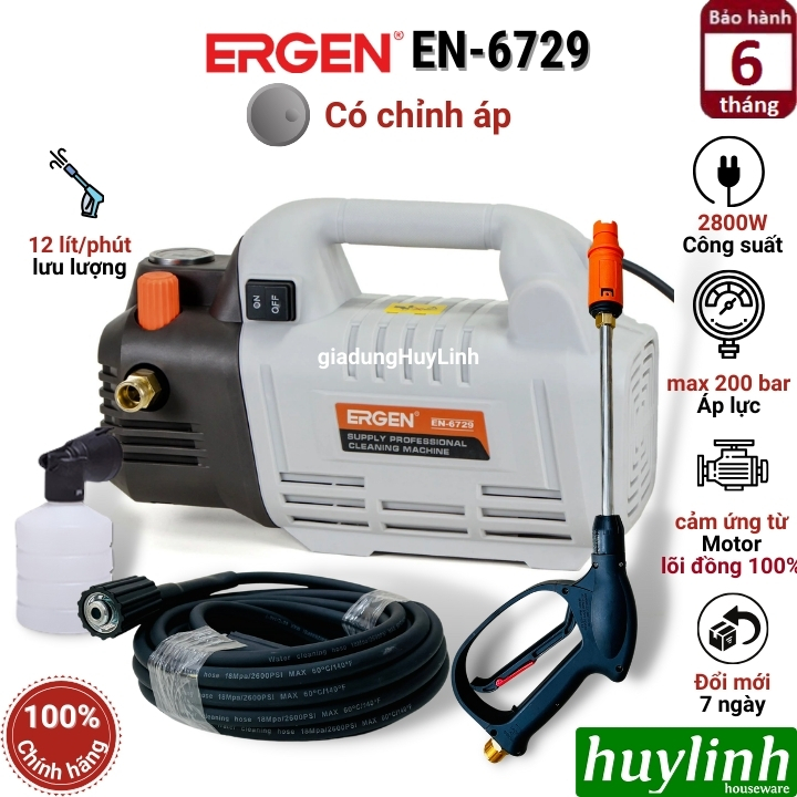 Máy xịt rửa xe Chỉnh Áp Ergen EN-6729 - 2800W - Motor cảm ứng từ lõi đồng - Hàng chính hãng