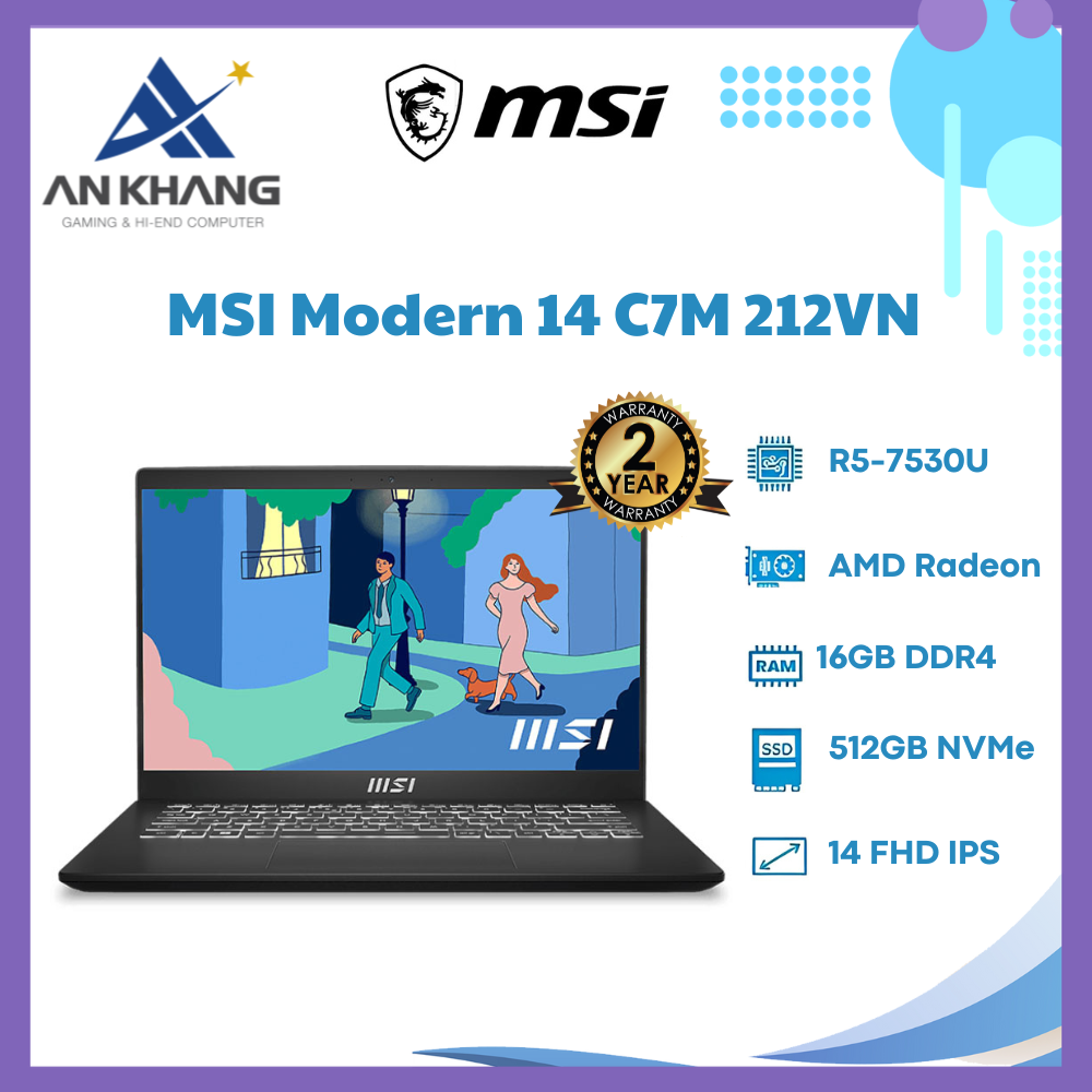 Laptop MSI Modern 14 C7M 212VN (AMD Ryzen 5-7530U | 16GB | 512GB | AMD Radeon | 14 inch FHD IPS | Win 11 | Đen) - Hàng Chính Hãng - Bảo Hành 24 Tháng