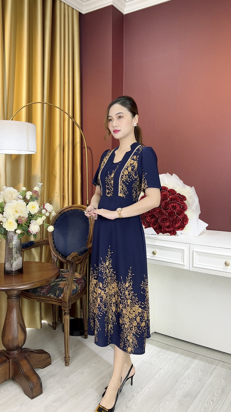 Đầm Trung Niên [ Linh Trà ] (TM 1085) Bigsize Màu Sắc Trẻ Trung Tươi Sáng Họa Tiết Sang Trọng Đi Làm Đi Tiệc Cho Mẹ U50