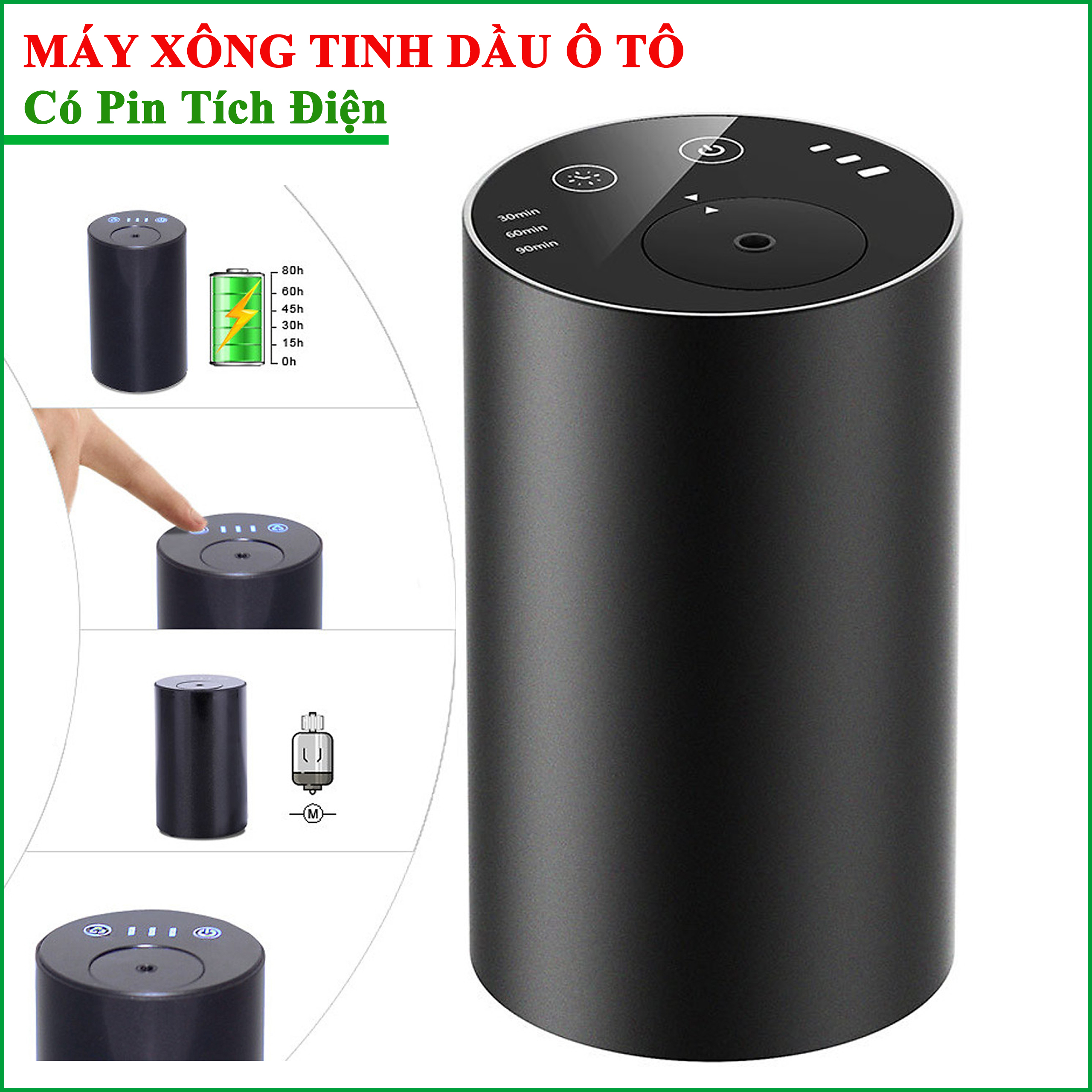 Máy Xông Tinh Dầu Xe Hơi | Có Pin Tích Điện, Vỏ Kim Loại Nguyên Khối, Nút Cảm Ứng, Phun Tinh Dầu Trực Tiếp | Kèm Tinh Dầu