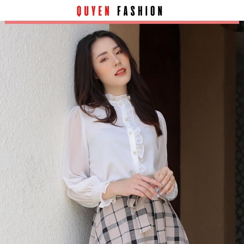 Áo sơ mi trắng tay phồng tiểu thư thời trang công sở nữ tay bo chun, cổ kẹp ren xinh xắn quyên fashion