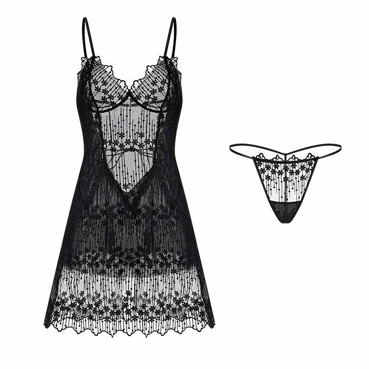 Váy ngủ sexy ren hoa nhí ngực úp sò có lót trong màu đỏ đậm quyến rũ