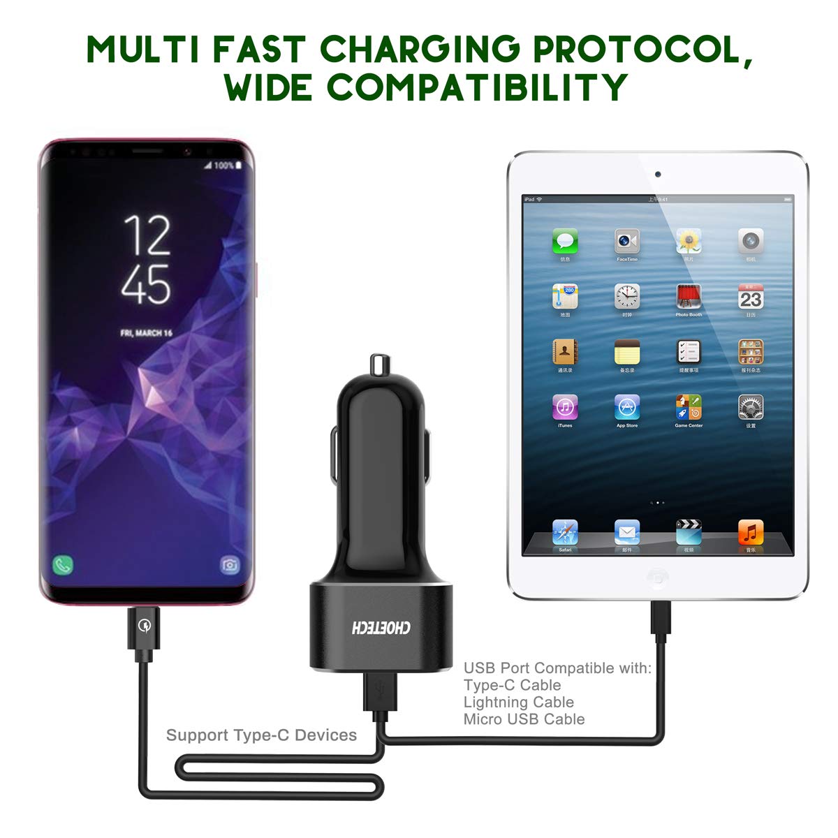 Tẩu củ sạc nhanh kiêm dây sạc Type-c hiệu CHOETECH cho xe hơi ô tô trang bị công suất 30W, Quick Charge 3.0 / PD, Cổng USB & dây sạc Type-C - hàng chính hãng