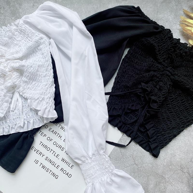 Áo Croptop Trễ Vai Voan Rút Nhún Thân Tay Dài A5020