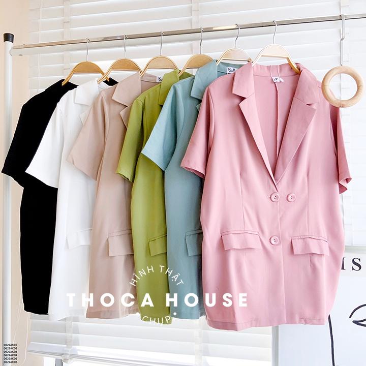 Áo vest nữ tay ngắn trơn khoác blazer túi nấp 3 nút THOCA HOUSE thanh lịch, dễ phối đồ