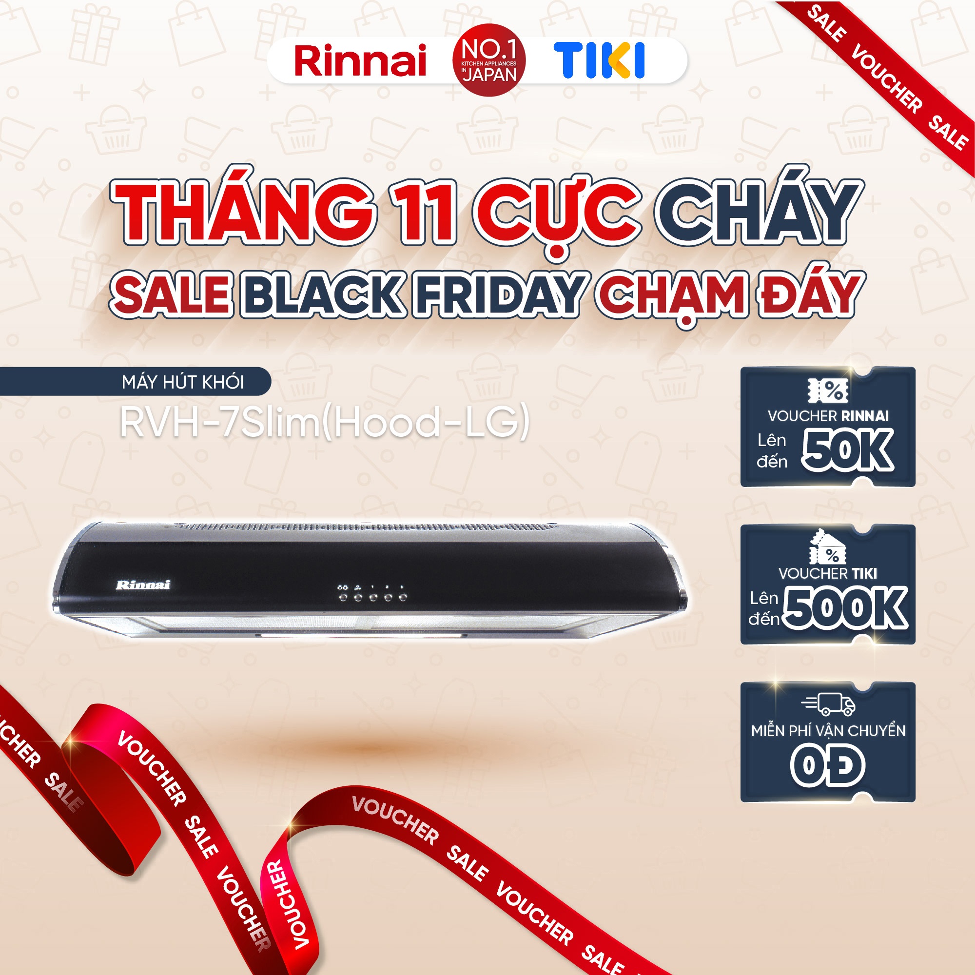 Máy hút mùi 70cm Rinnai RVH-7Slim(Hood-LG) than hoạt tính và ống thoát 380W - Hàng chính hãng.