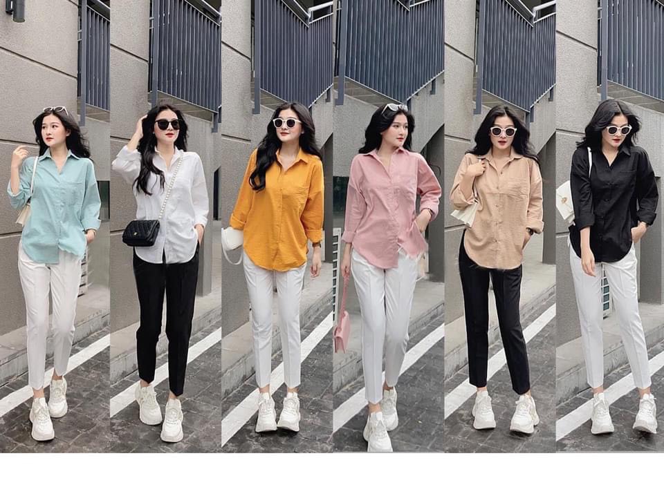 Áo sơ mi nữ áo sơ mi dài tay vạt tôm nhiều màu chất đũi