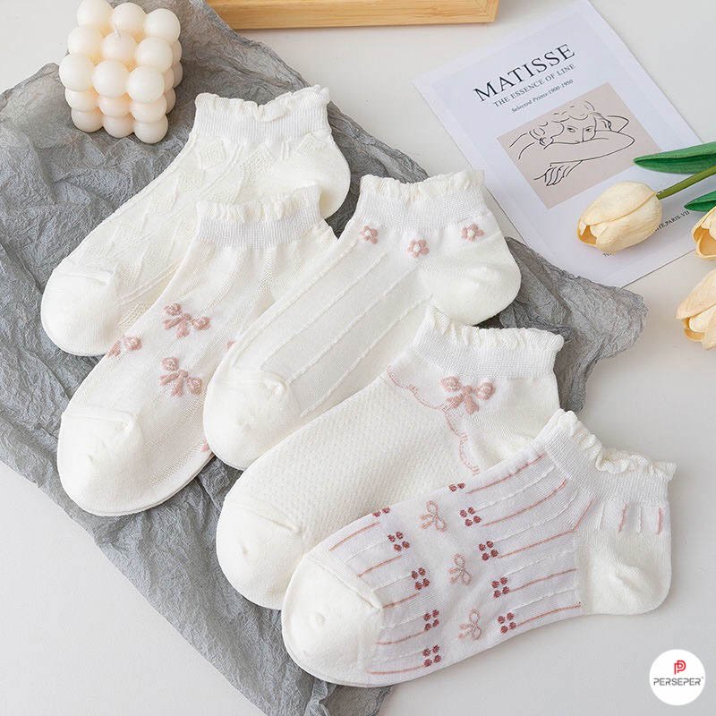 Bộ 5 đôi tất vớ nữ cổ ngắn - Kiểu hoa nâu 5 đôi
