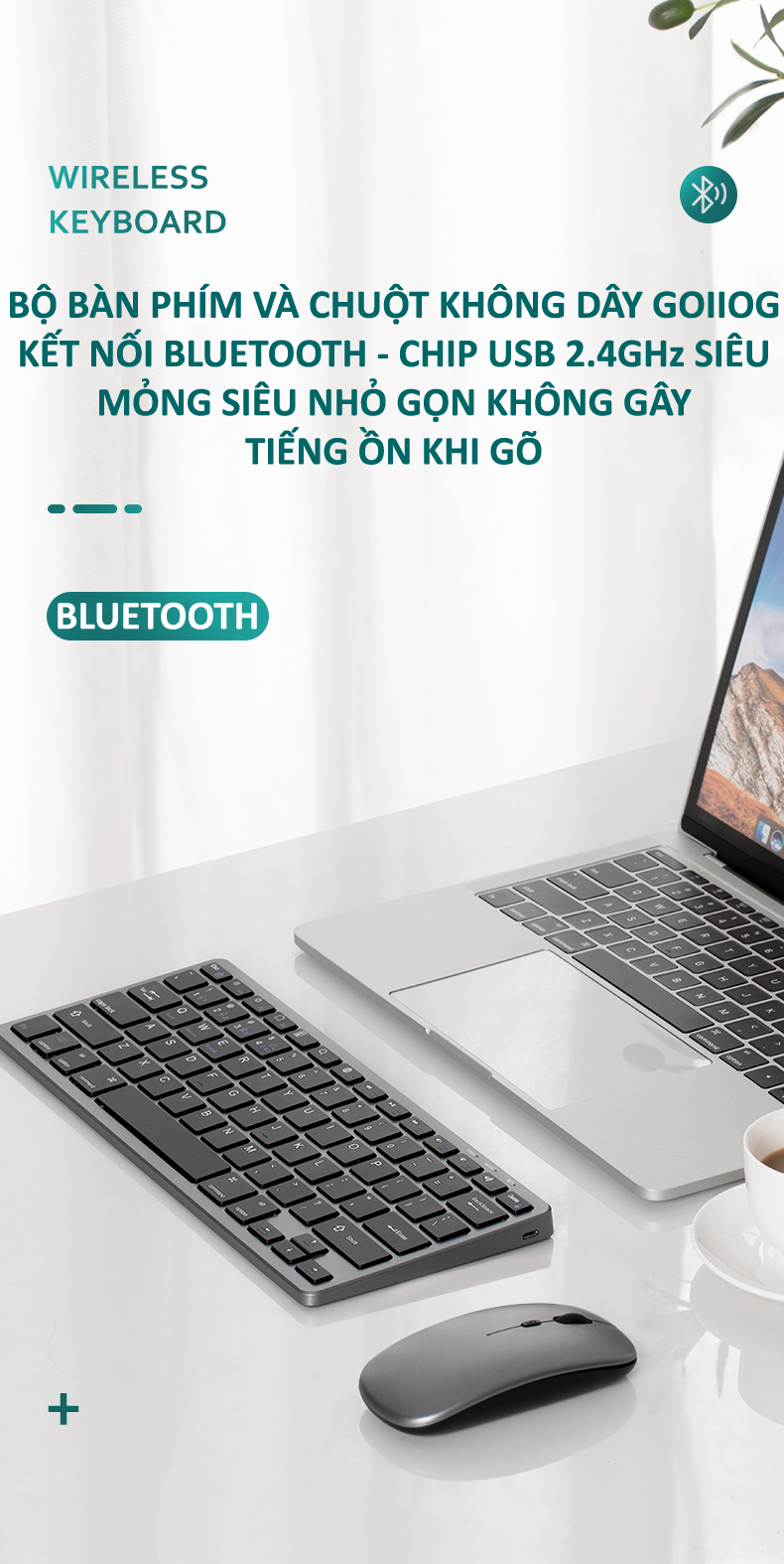 Bộ bàn phím và chuột không dây KB-178 kết nối BLUETOOTH - CHIP USB 2.4GHz siêu mỏng siêu nhỏ gọn không gây tiếng ồn khi gõ