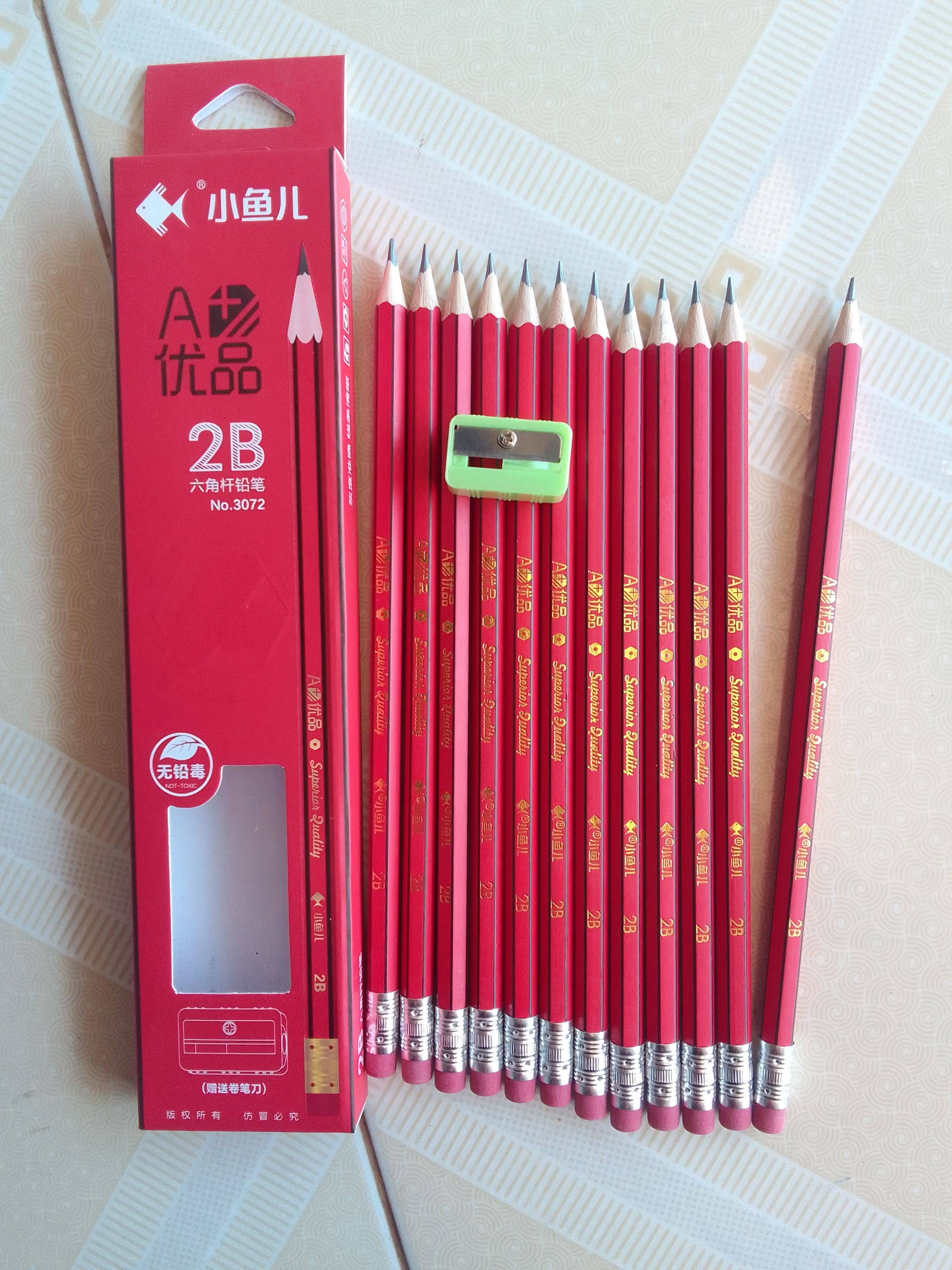 Hộp 12 Bút chì 2B thân gỗ đỏ kẻ sọc có gôm tặng kèm đồ bào