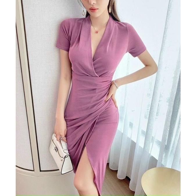 ĐẦM ÔM HỒNG XẾP LI CỔ V