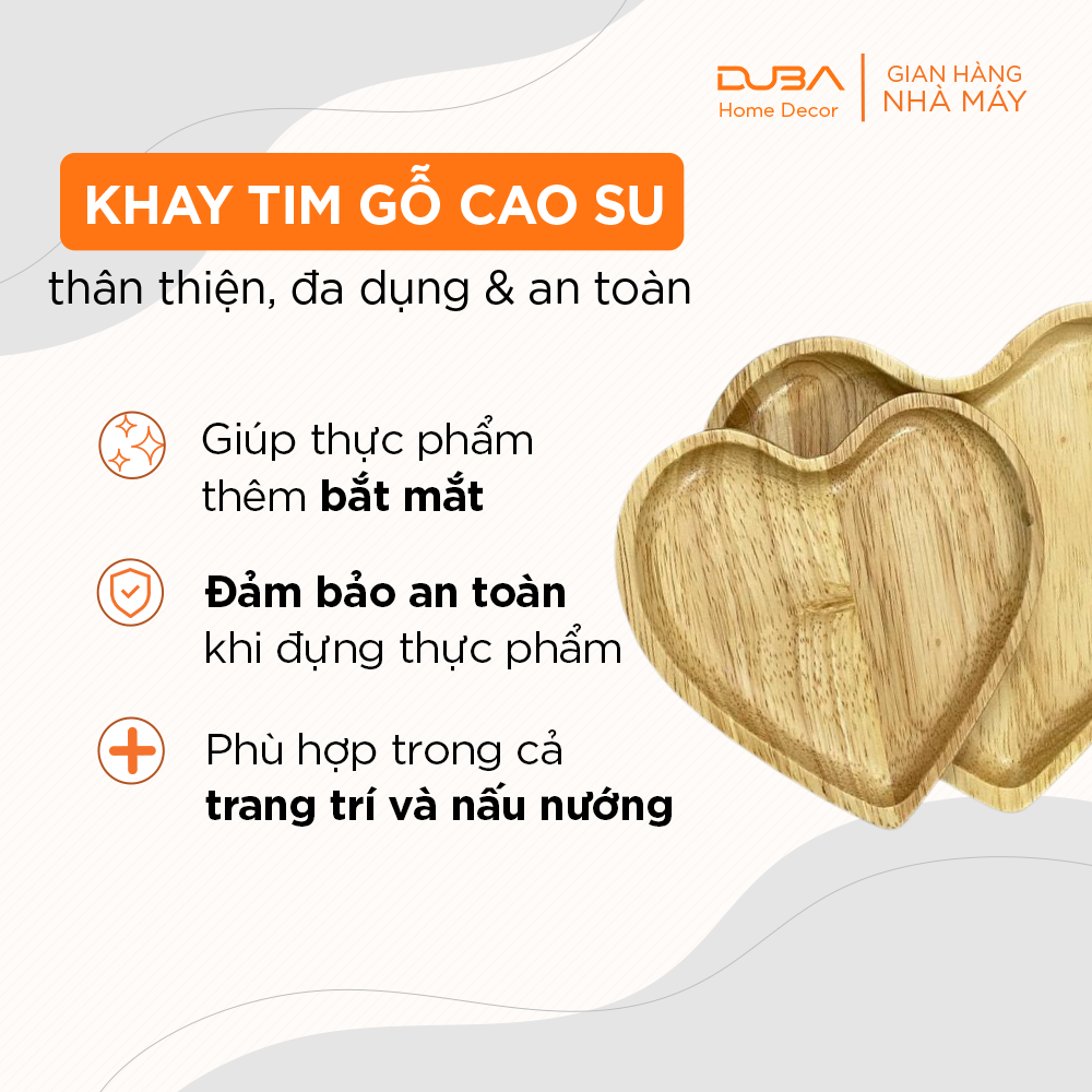 Khay gỗ cao su decor, thớt trang trí hình trái tim màu tự nhiên đạt chuẩn xuất khẩu - DUBA