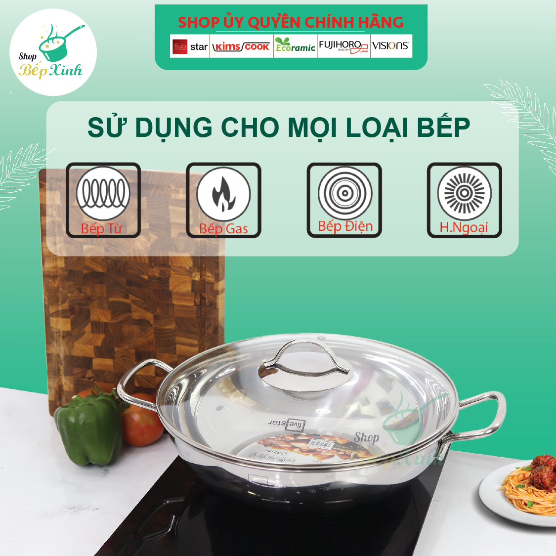 Chảo lẩu inox sâu lòng inox Fivestar nắp kính , 3 đáy dùng được bếp từ, hồng ngoại , gas
