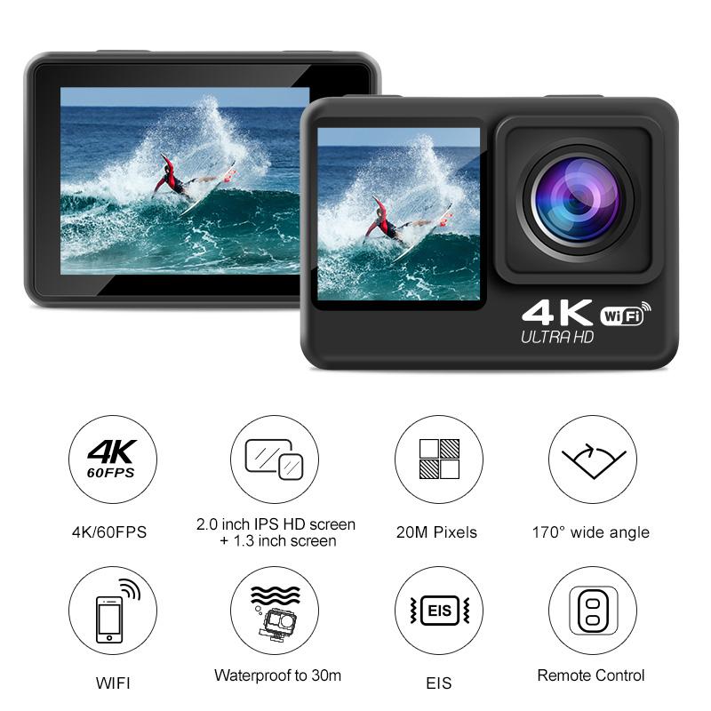Camera hành động 4K WiFi dưới nước hành động không thấm nước cam 20mp Ultra HD 60fps Mũ bảo hiểm Ghi màn hình cảm ứng EIS Sport Cam