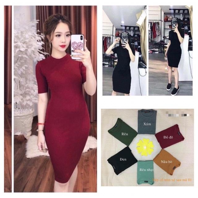 Đầm body nữ - váy body nữ cổ tròn xẻ sau ôm dáng trẻ trung chất thun gân dày dặn