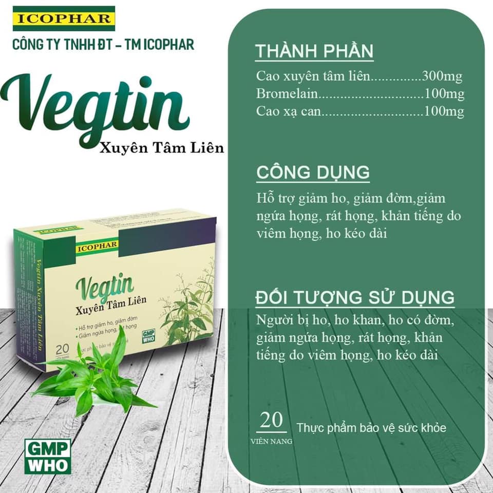 Xuyên Tâm Liên Vegtin hỗ trợ giảm ho khan, ho đờm, ngứa rát họng