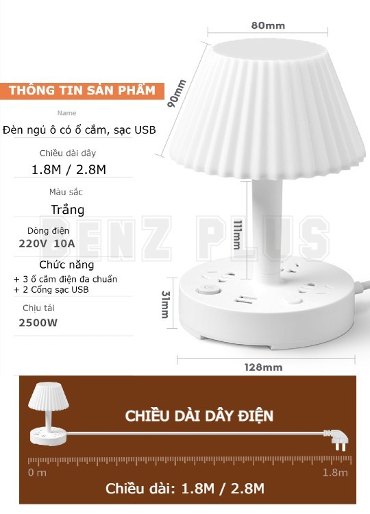 Đèn ngủ để bàn HUGAM cao cấp hình chiếc ô 3 màu đèn có 3 ổ cắm điện công suất 2500w , 2 cổng sạc USB 5V/2A tặng kèm giá đỡ điện thoại