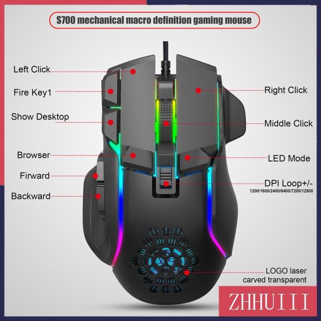 Chuột Máy Tính Có Dây 10 Nút Chơi Game Macro 13 Rgb 6 Chế Độ 12800dpi S700