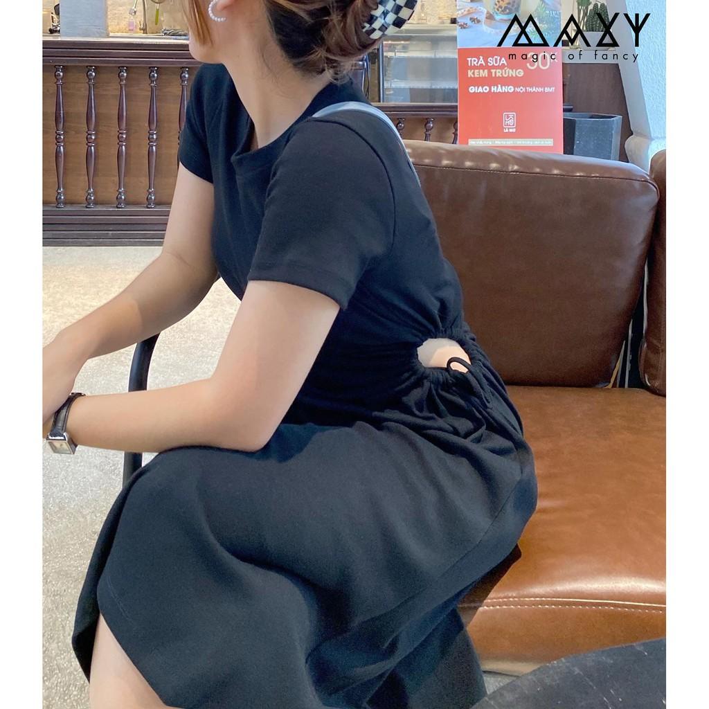 Đầm thun có tay thắt rút dây bên eo lạ mắt form xòe drawstring dress Maxy Workshop