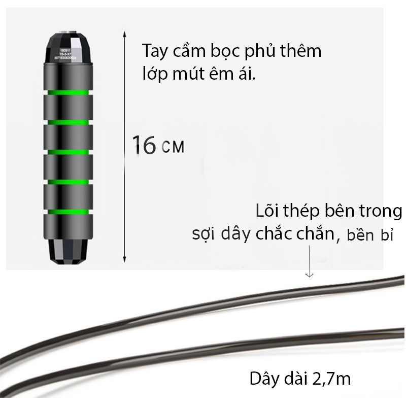 Dây Nhảy Thể Dục Thể Thao Lõi Thép Bền Bỉ Dây Nhảy Thể Lực  Vận Động Viên Muay, MMA, Boxing Cao Cấp Có Tạ Sắt Trong Tay Cầm TT04 Mẫu 2